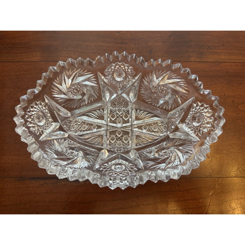 Antique American Brilliant Period Cut Glass Oval Relish Dish Celery Boat Hobstar